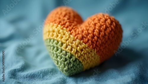 Conceptual studio photograph of a crocheted human heart using recycled yarn in muted shades of blue, gray, and white, placed on a distressed blue metal sheet.
