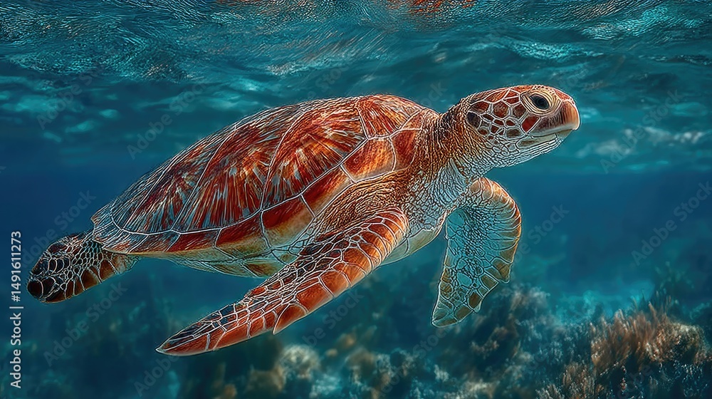 Fototapeta premium Endangered Hawaiian Green Sea Turtle gliding through ocean waters, a serene glimpse of marine conservation in action