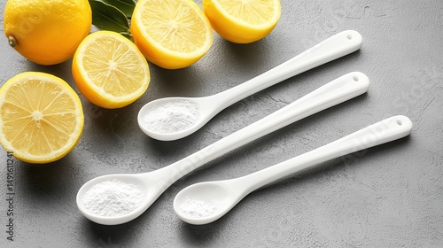 Fresh Lemons and Spoons of Powder on Gray Surface