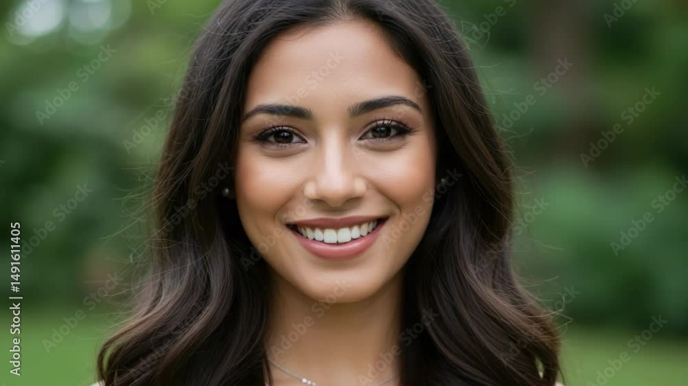 A cheerful woman smiling warmly in a natural outdoor setting. A cheerful woman smiling warmly in a natural outdoor setting.