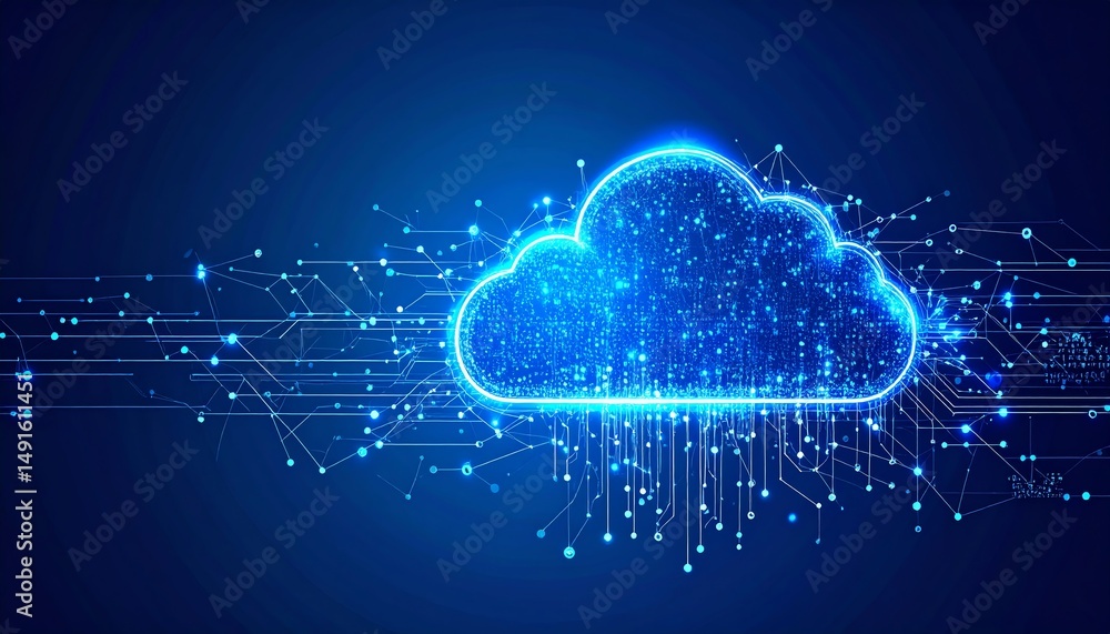A digital cloud with glowing connections and data streams, symbolizing cloud computing and technology A digital cloud with glowing connections and data streams, symbolizing cloud computing and technology