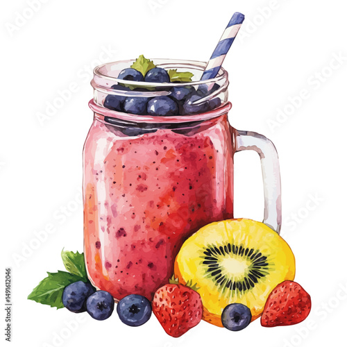 watercolor of Fruit Smoothie In A Mason Jar, vector high quality, isolated on a white background.