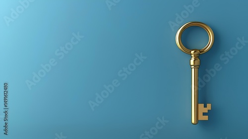 gold key on blue background with copy space