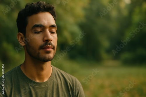 Young Man Meditating in Nature, Peaceful Expression, Calm Environment, Mindfulness Practice