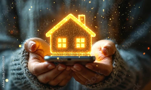 A person holding a smartphone displaying a glowing house symbol, representing digital real estate