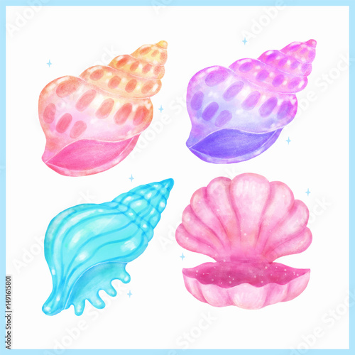 Set of Pastel Conch Seashell and Open Clam shell Blue and Pink Watercolor Sea Shell Gradient