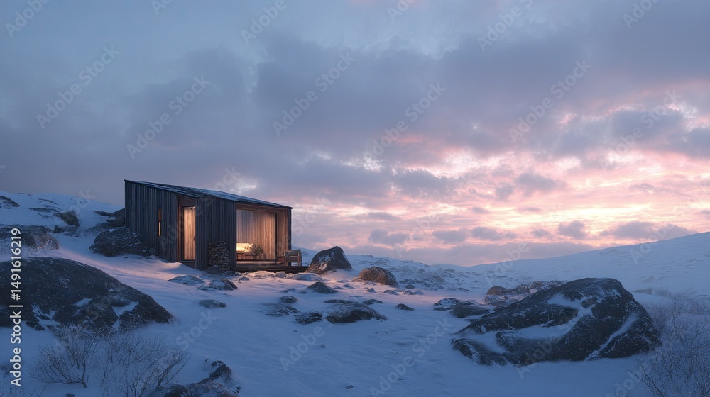 Cozy Cabin Retreat Snowy Mountainside Escape at Dusk. Cozy Cabin Retreat Snowy Mountainside Escape at Dusk.