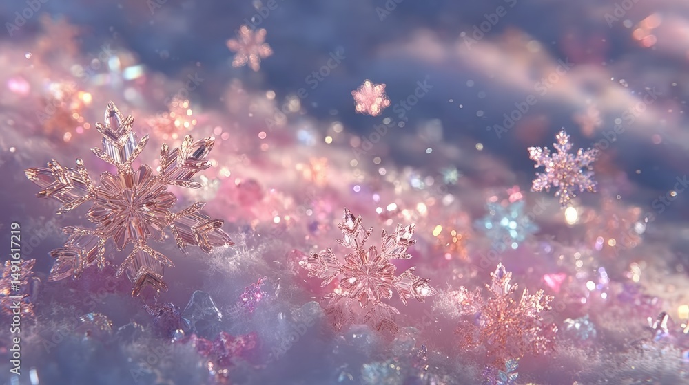 Close-up of sunlight illuminating scattered snowflakes on fresh white snow outdoors during daytime. Close-up of sunlight illuminating scattered snowflakes on fresh white snow outdoors during daytime.