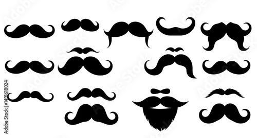 assorted mustache graphics, curled mustache elements, big mustache pack, thick mustache icons, thin mustache illustrations, cartoon disguise set, comedy mustache pack, barbershop style mustaches, simp