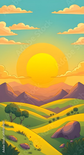 fantasy cartoon landscape, magical mountain scenery, dreamland background, fairy world illustration, enchanted valley cartoon, mythic sunset background, fantasy sky illustration, surreal landscape car