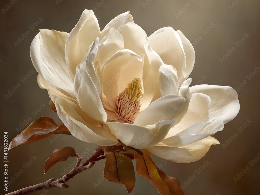 Fototapeta premium Witness Exquisite Magnolia Blooms Unfolding Gracefully in Three-Quarter Close-Up Shots Capturing Timeless Floral Elegance Beauty