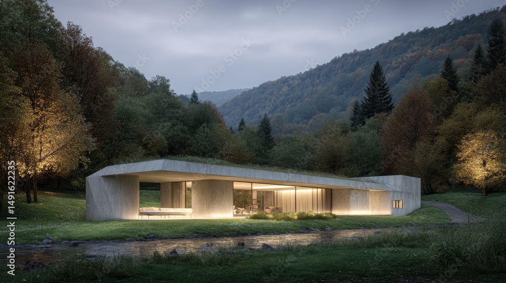 Modern Hideaway Streamfront Home Embraced by Autumn Mountains. Modern Hideaway Streamfront Home Embraced by Autumn Mountains.