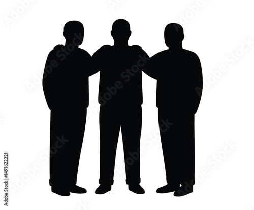 Friendship silhouette. This image shows a black outline of three men with arms around each other, symbolizing camaraderie. Vector clipart illustration design.
