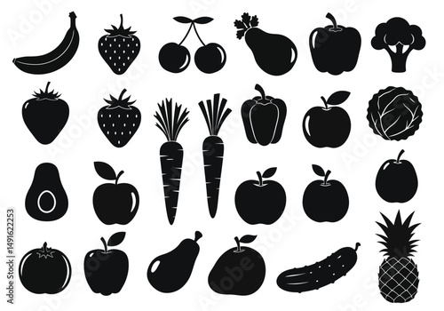 Fruits and vegetables silhouette. This image shows black fruit and vegetable outlines, representing a healthy diet. Vector clipart illustration design.