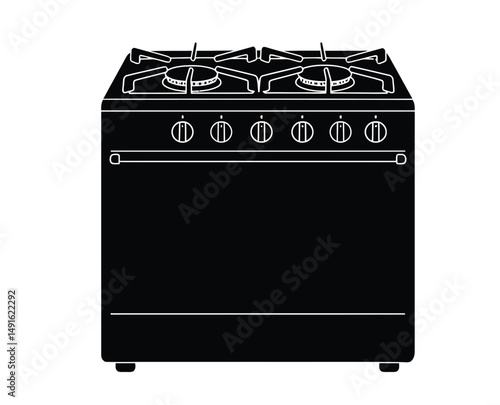 Gas stove silhouette. This image shows a black gas stove outline with burners and knobs, a kitchen appliance for cooking. Vector clipart illustration design.