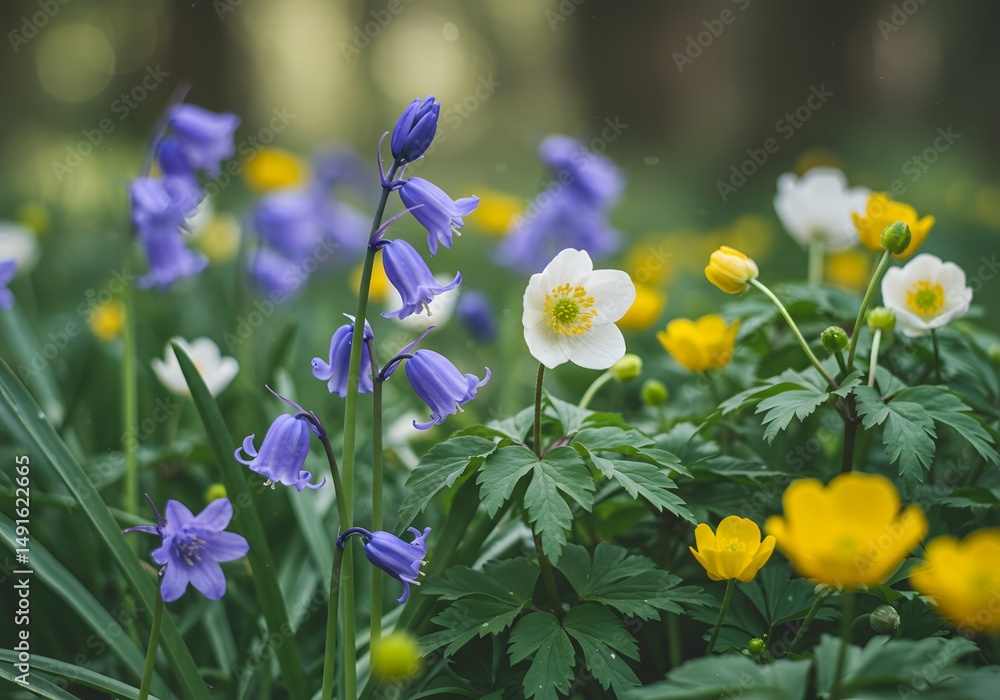Fototapeta premium Vibrant Spring Wildflowers Bluebells, Anemones, and Buttercups in a Lush Forest, Nature's Beauty.