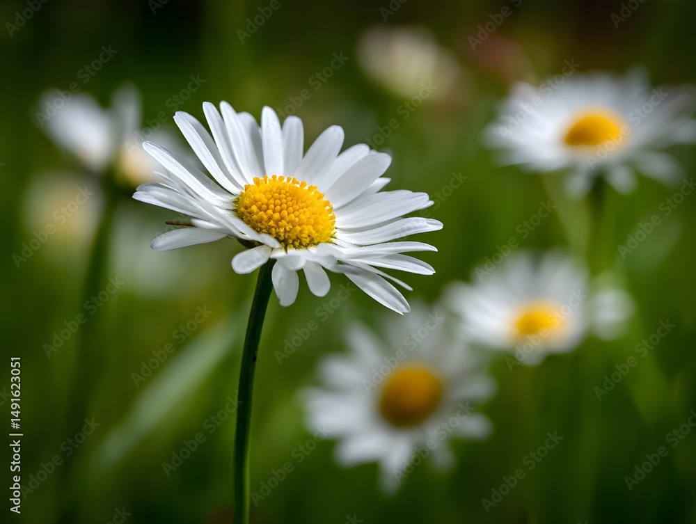 Obraz premium Sunlit daisies bask under soft light in detailed close-up capturing pure realism across meadow backdrop