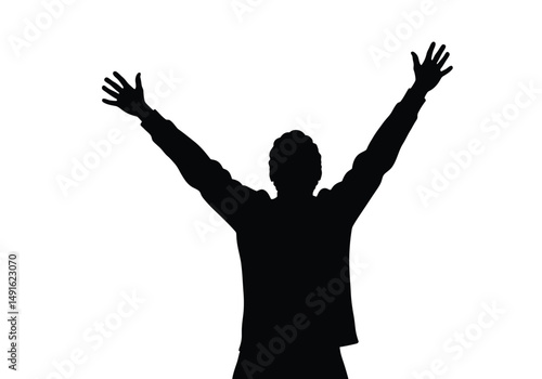 Joy silhouette. This image shows a black silhouette of a person with arms raised, expressing happiness and joy. Vector clipart illustration design.