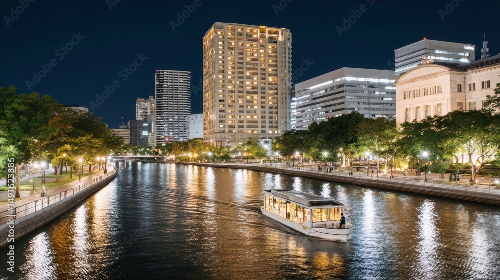 Osaka River Cruise at Night, Cityscape Lights, Urban Tourism Osaka River Cruise at Night, Cityscape Lights, Urban Tourism