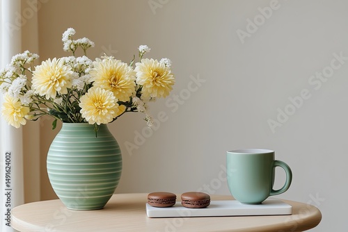 Wallpaper Mural Pale yellow dahlia bouquet in a green striped vase, alongside a sage green mug and chocolate macarons on a light wood table against a neutral wall Torontodigital.ca
