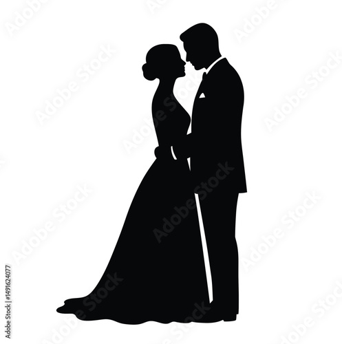 Marriage silhouette. This image shows a black bride and groom outline embracing, representing marriage. Vector clipart illustration design.