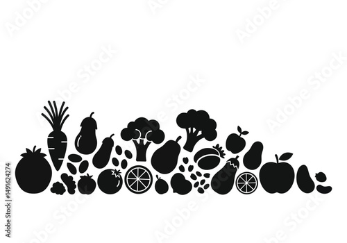 Nutrition silhouette. This image shows black fruit and vegetable outlines, representing healthy food and nutrition. Vector clipart illustration design.