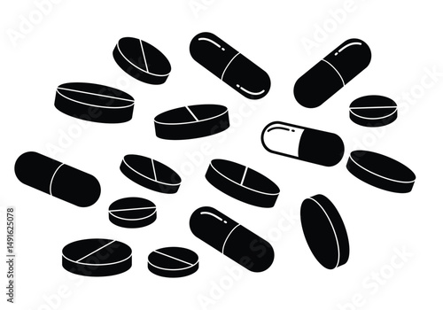 Pills silhouette. This image shows black pill and capsule outlines, representing medicine and healthcare. Vector clipart illustration design.