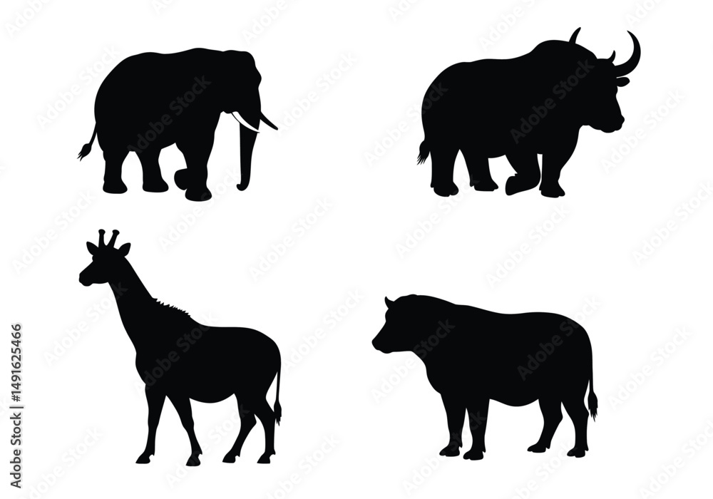 Naklejka premium Animal silhouette. This image shows the outlines of four distinct animals: an elephant, a bison, a giraffe, and a bull, symbolizing wildlife diversity. Vector clipart illustration design.