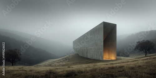 Modern monolith in a misty landscape with architectural minimalist.