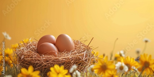 Three eggs in a straw nest on a yellow background with flowers