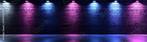 Empty room with neon spotlights on a brick wall.