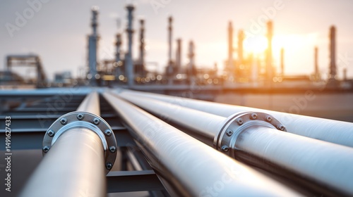 Industrial pipelines stretch toward a refinery at sunrise, highlighting energy infrastructure and oil processing facilities