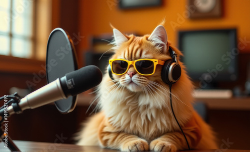 pet cat podcaster feline influencer doing a podcast