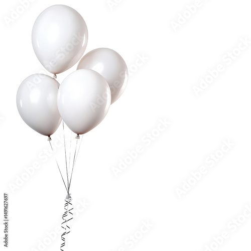 Four white helium balloons floating in the air with shiny surface and tied sts, minimalistic and elegant decoration for celebrations or events