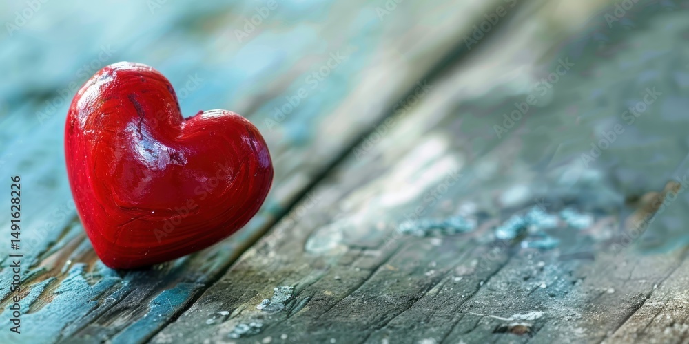 Fototapeta premium A red heart-shaped object on a weathered wooden surface with a blue and green patina.