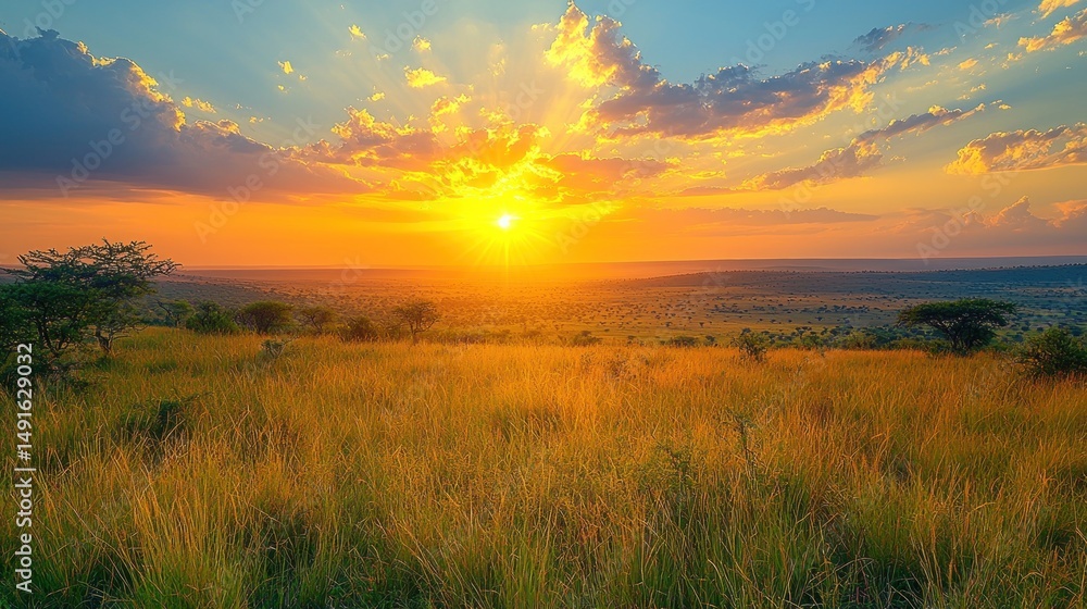 Fototapeta premium Golden sunset over savanna grasslands