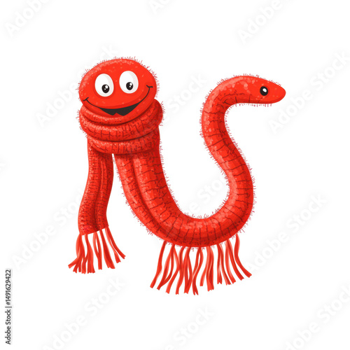 Cheerful Red Worm in a Scarf - Winter Fun Cartoon Illustration