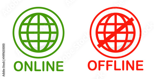 Set of online and offline internet connection icons green and red color.