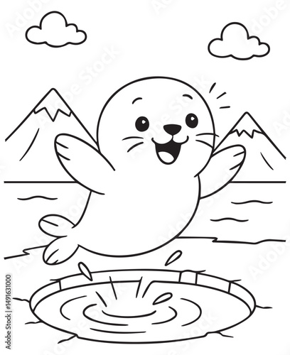 Coloring book baby seal sits contentedly on an ice floe