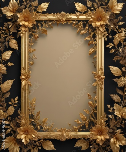Elegant gold-accented botanical frame, intricate leaf & flower design ,  greenery,  border