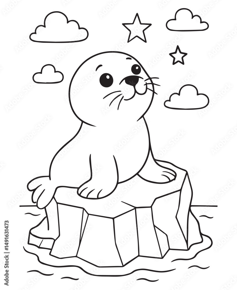 Coloring book baby seal playfully interacts with a ball. Coloring book baby seal playfully interacts with a ball.