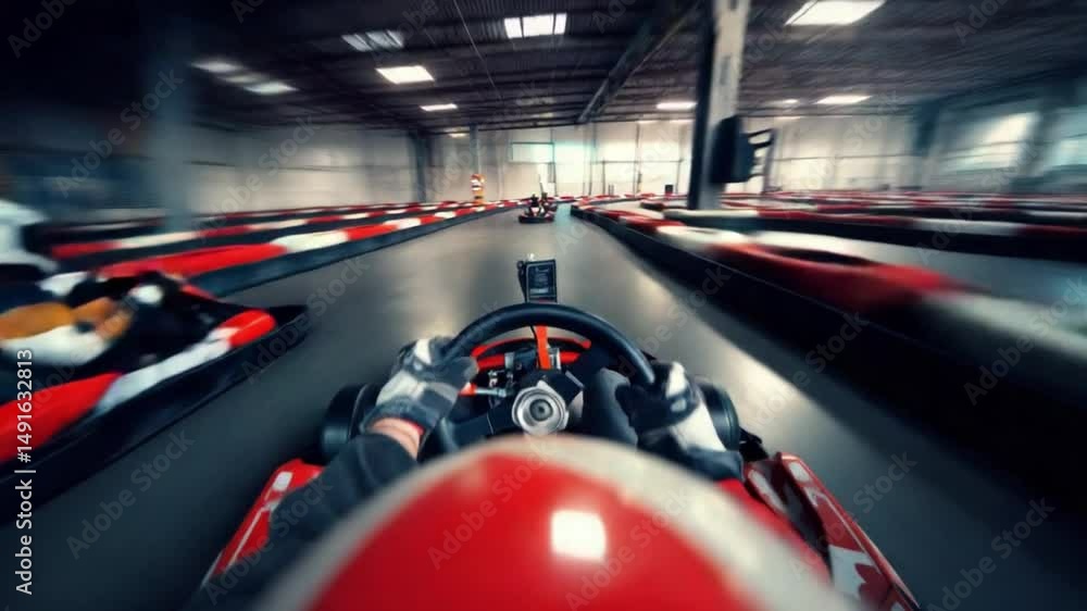 A man is driving a red kart in a race