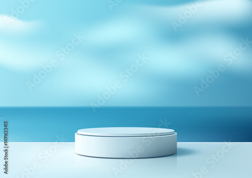 3D white round platform on glossy surface with ocean sky background 3d minimal mockup product display showcase