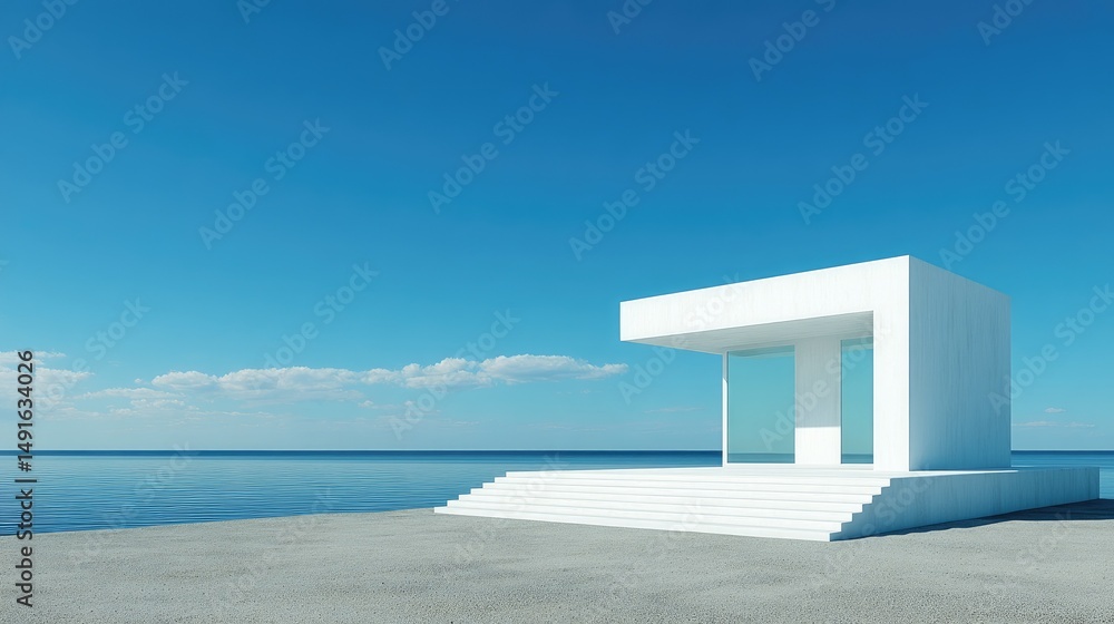 Fototapeta premium Minimalist Architecture White Structure Meets Blue Ocean.