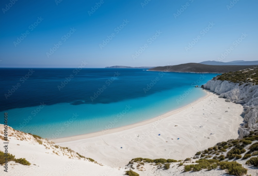 View of the beach with clear blue water and white sand View of the beach with clear blue water and white sand