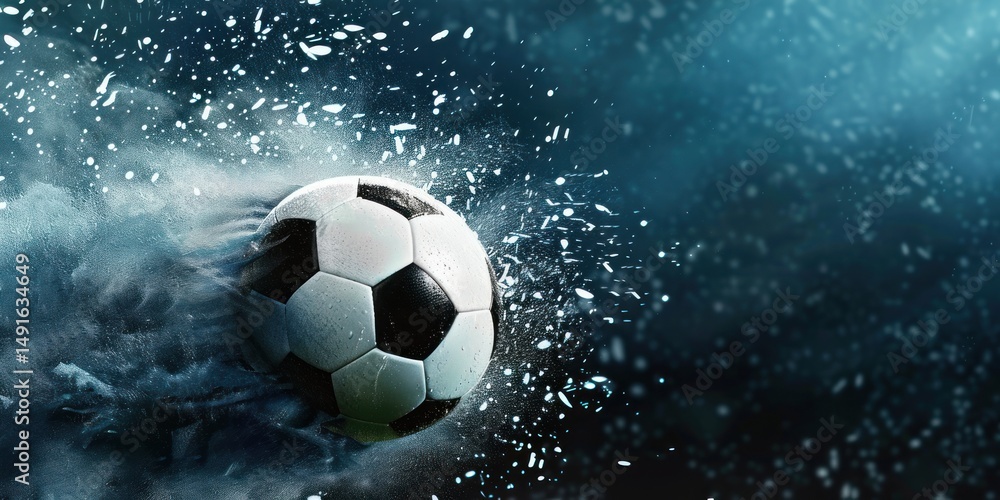 Naklejka premium A soccer ball in mid-air against a dark blue background with a burst of white smoke or powder around it.