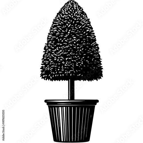 Potted topiary plant in silhouette vector illustration