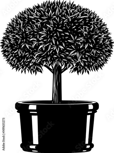 Potted topiary tree in silhouette vector illustration