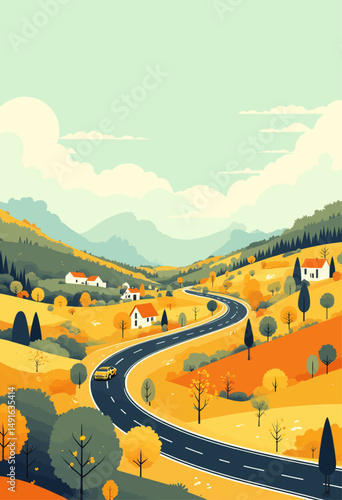 Autumnal Countryside Drive Through Golden Hills