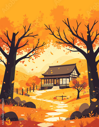 Autumnal Serenity: Japanese Temple in Fall Forest